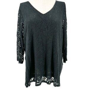 Lane Bryant Tunic Top Womens 26/28 Black Lace Vneck Sheer Sleeves Elegant Design